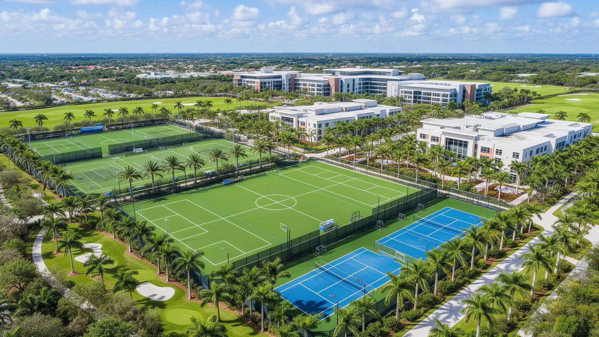 IMG Academy キャンパスの空撮:競技場と施設の全景